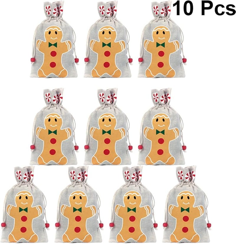 Christmas Candy Bags Set Of 10 Gingerbread Man Drawstring Pouches 13x23cm Cotton Fabric - Image 5